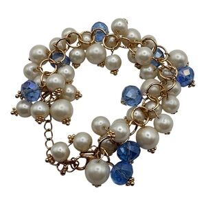 Gold-Tone Charm Bracelet with Faux‎ Pearls & Blue Crystals – Adjustable